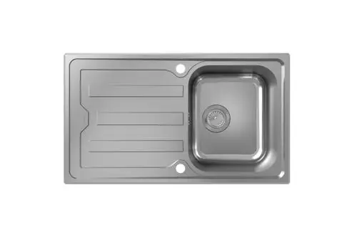 Edelstahlspüle mit einer großen Hauptbecken und integrierter Abtropffläche von Hansgrohe, ausgestattet mit einer automatischen Ablaufgarnitur.